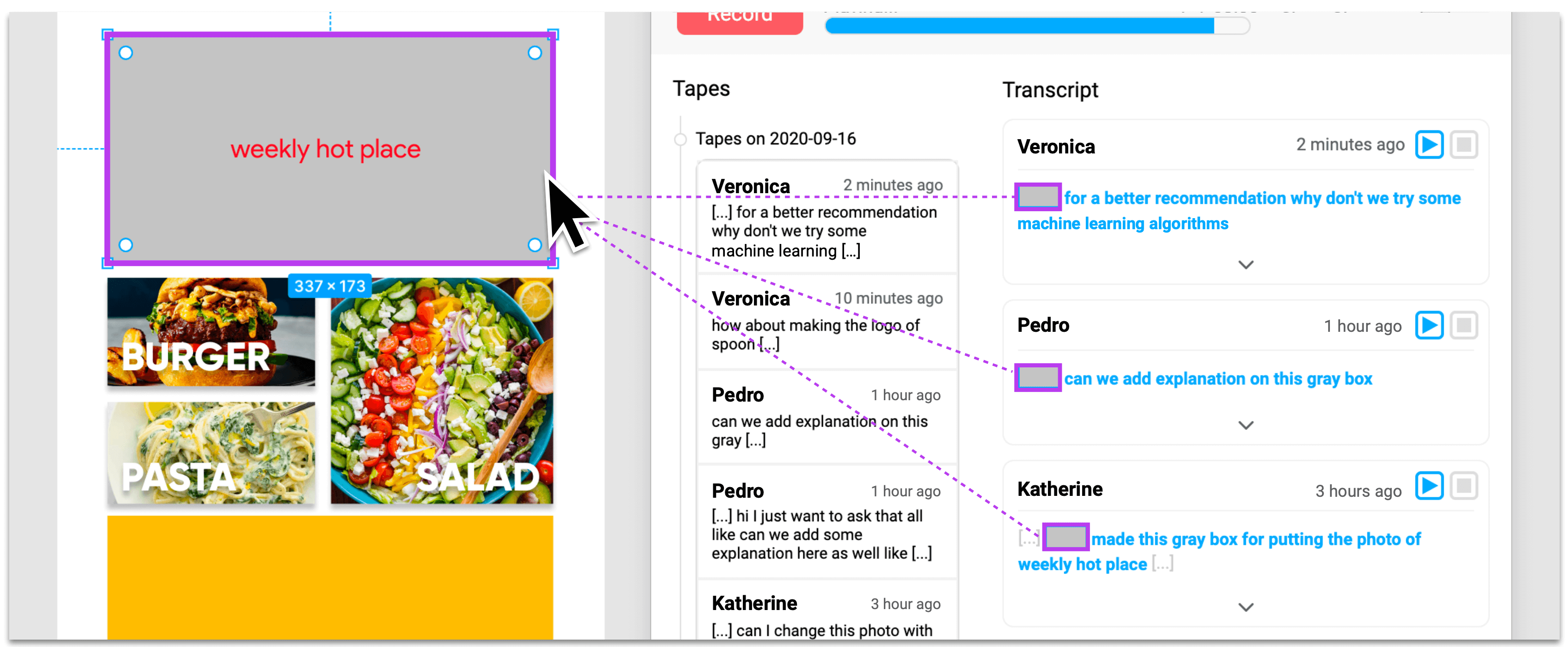 A gray rectangle is clicked in the UI design. In Winder, a list of tapes shows a short snippets from transcripts and thumbnails of the gray rectangle.